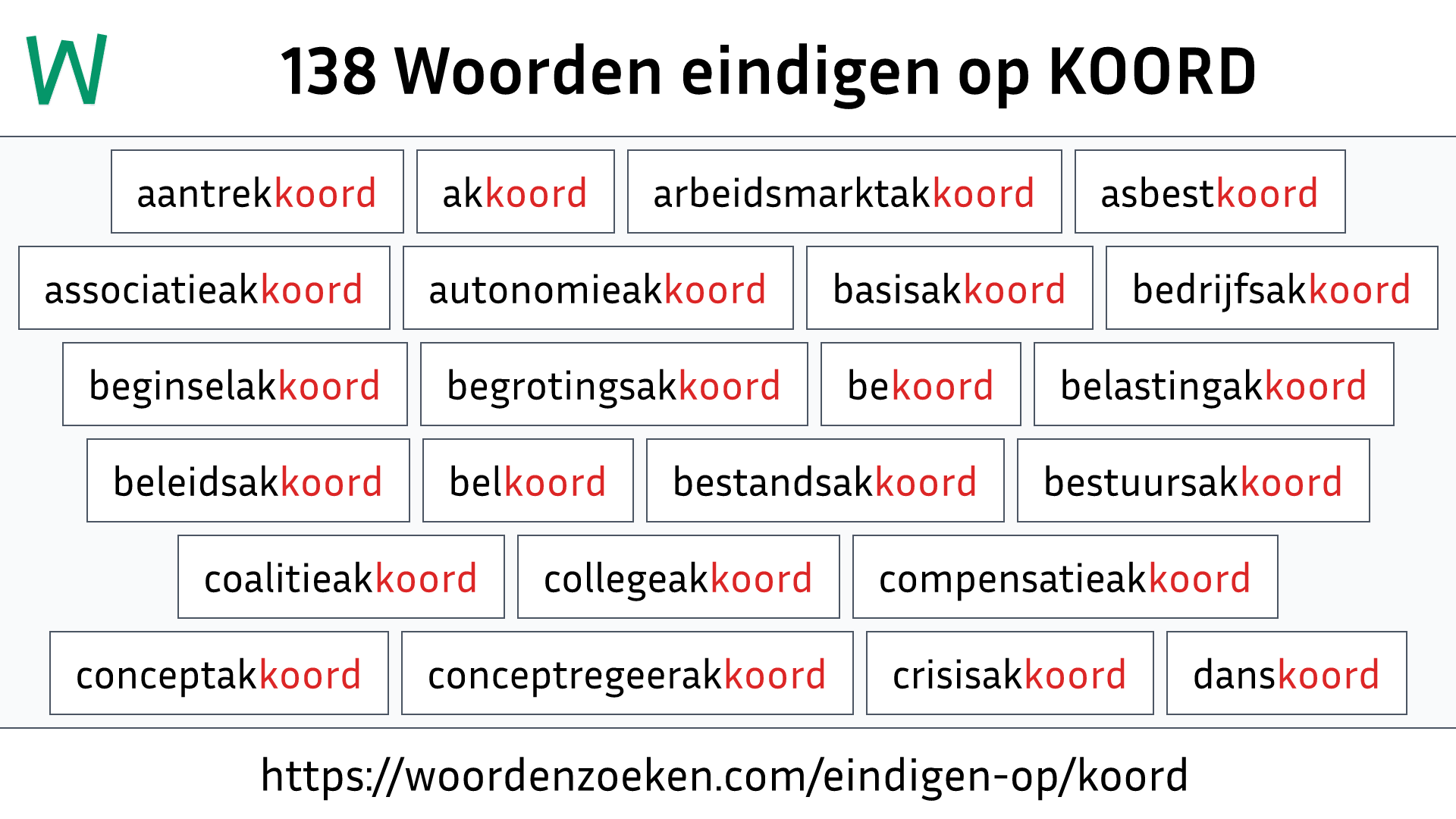 Woorden eindigen op KOORD