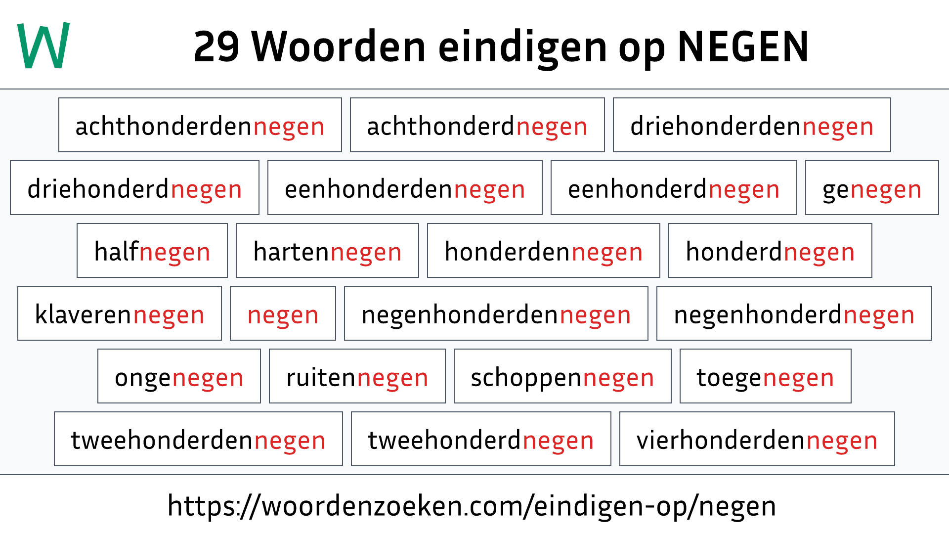 Woorden eindigen op NEGEN