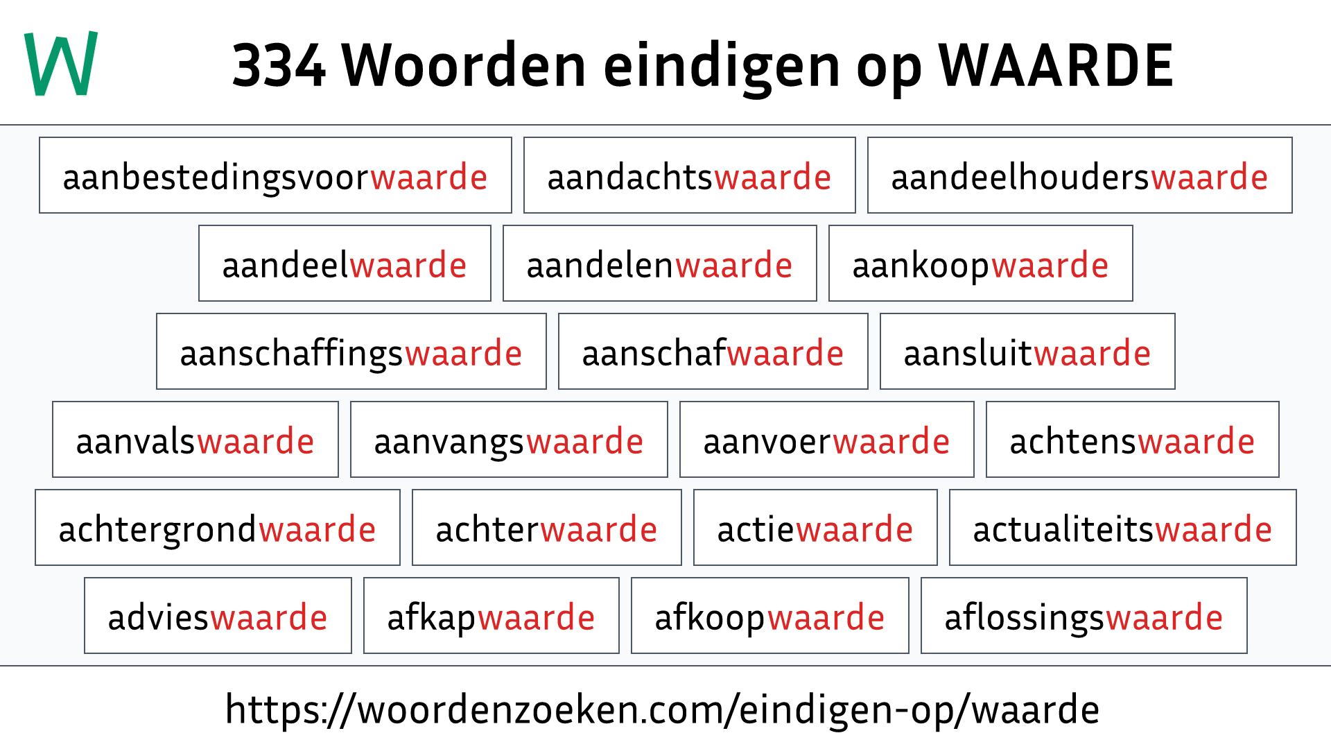 Woorden eindigen op WAARDE